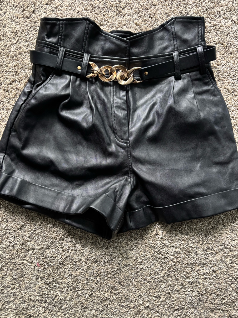 River Island Black High-Waist Faux Leather Paperbag Shorts